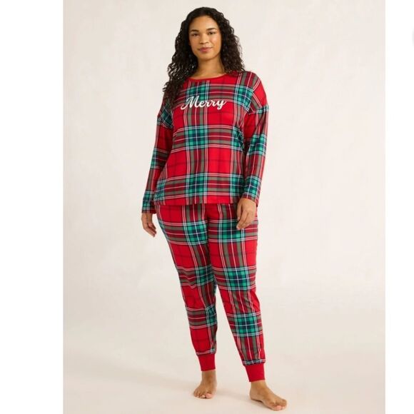 Joyspun 2X Crew Long Sleeve Top Jogger Merry Graphic Front Christmas PJ Set - Picture 1 of 16